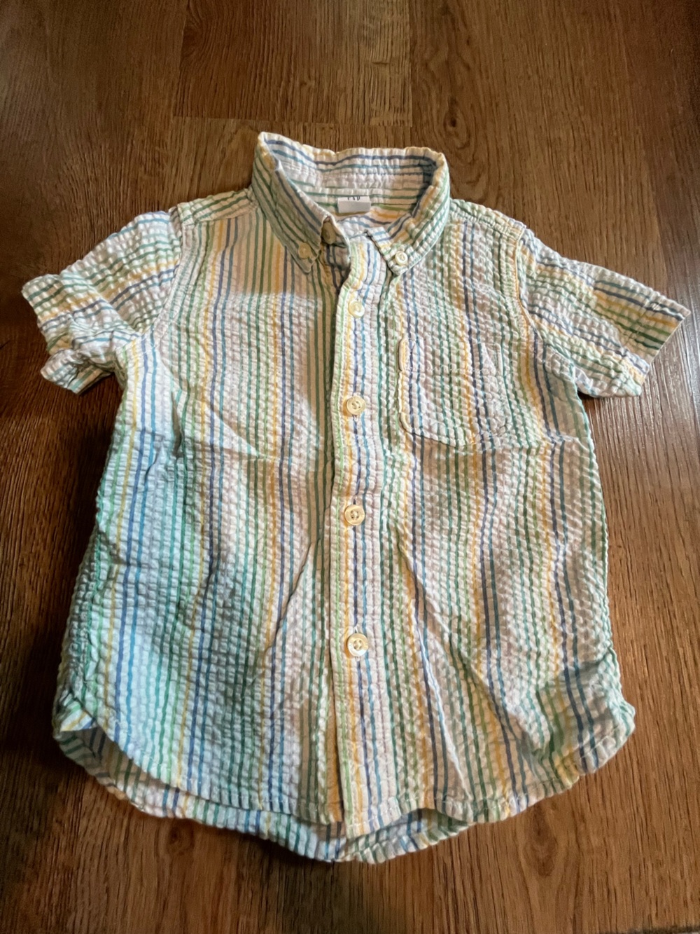 GAP, Button Down Short Sleeve Shirt, green yellow blue, 18-24 months